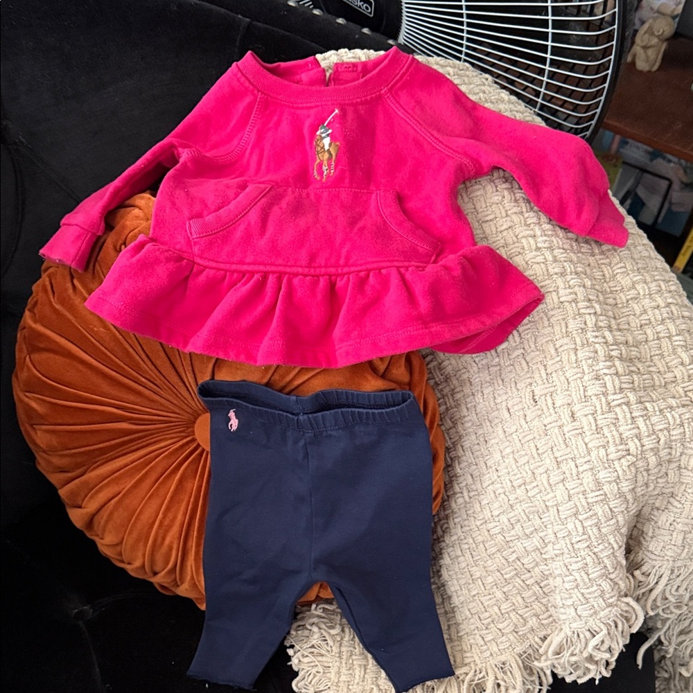 Ralph Lauren Pink Ruffled Sweatshirt and Navy jean Leggings Set
